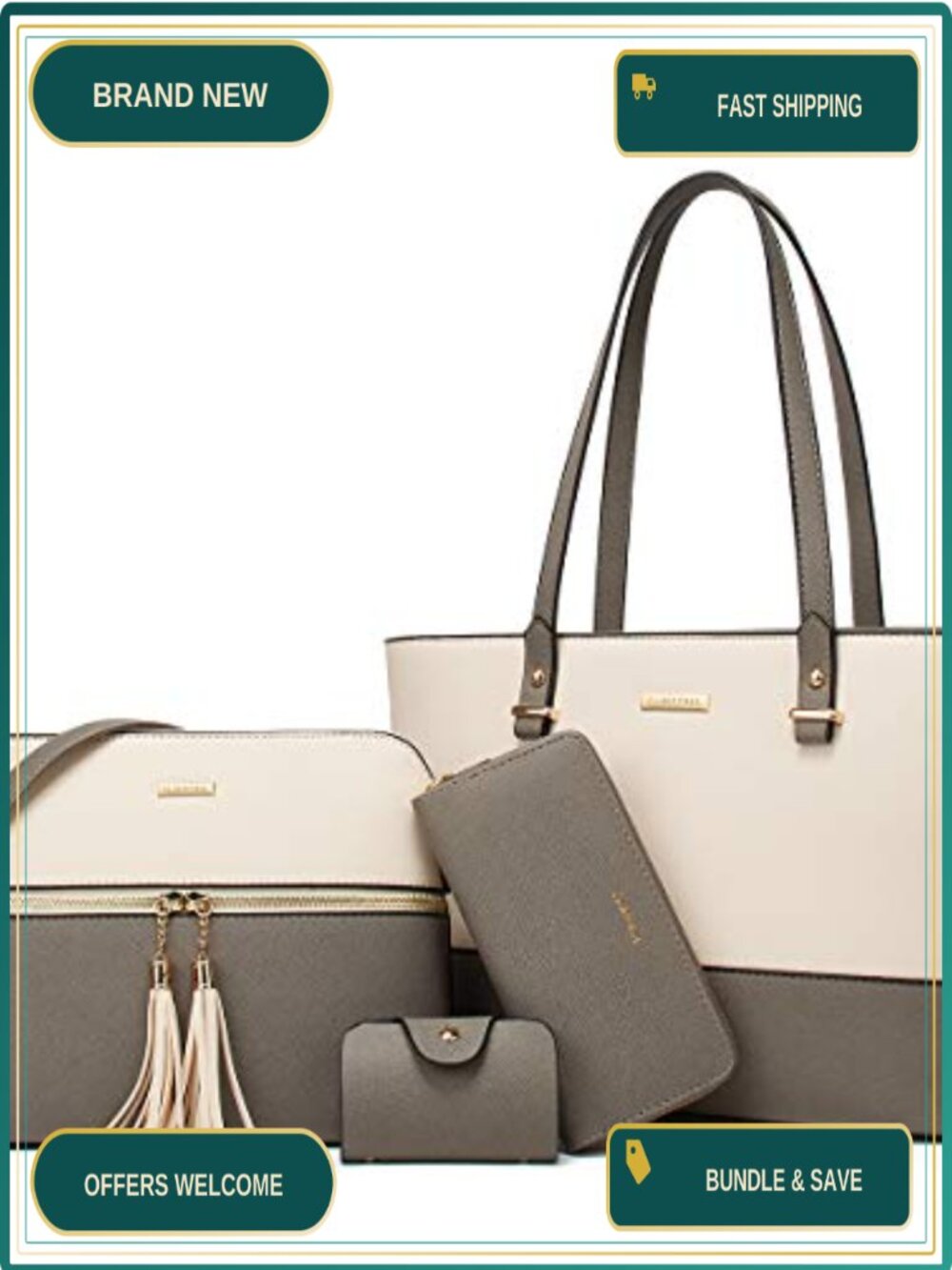 Synthetic Leather Satchel Tote Bag Wallet Set Top Handle Shoulder Purse